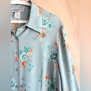NWT Pendleton Silk Stretch Blouse Teal Gold Floral Button Front Women's Size 14